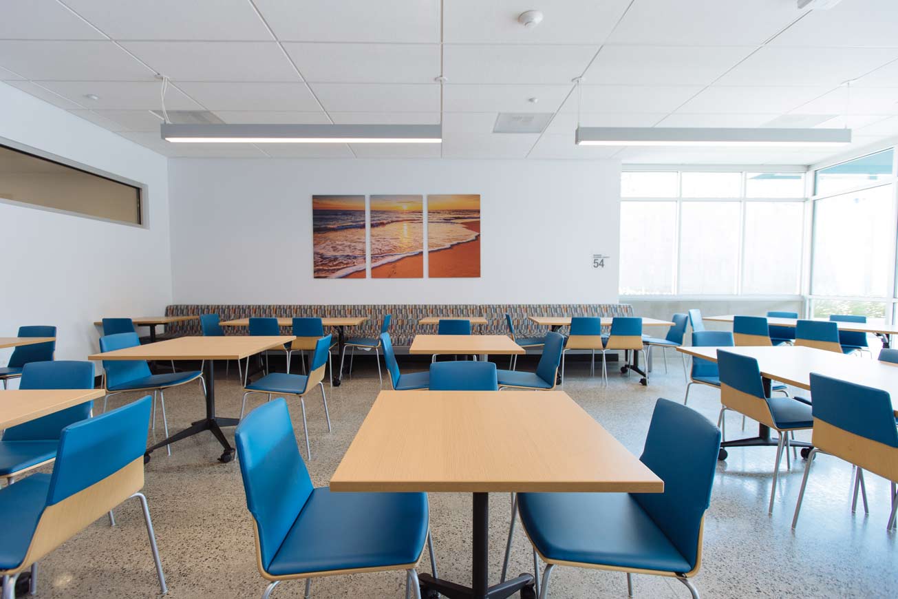 Community dining room and board game area